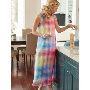 Soft Surroundings “Carnevale” rainbow print cowl-neck maxi dress (medium)